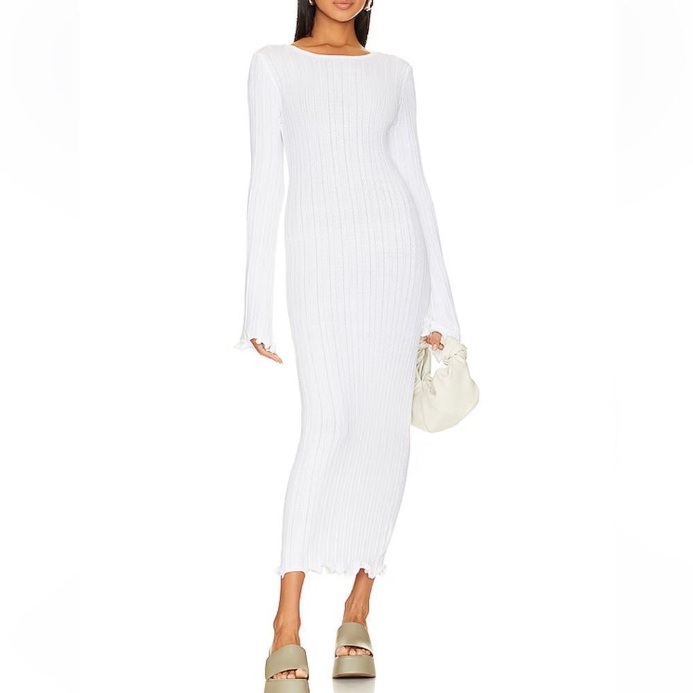 SNDYS Baha Long Sleeve Maxi Dress in White knit ribbed midi cover up Revolve XS